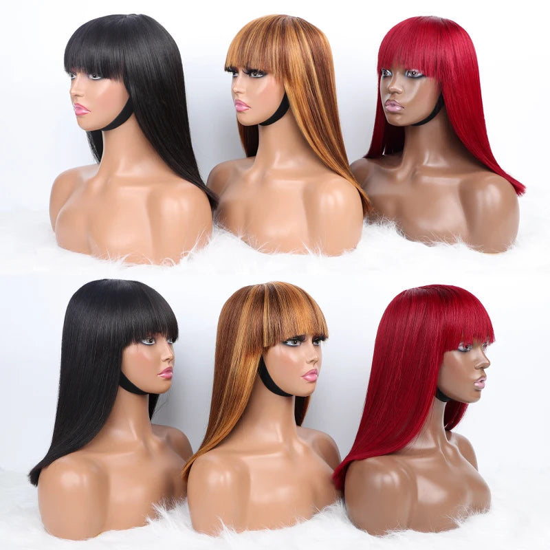 Top 180% Density Grade 12A Virgin Human Hair Wigs Machine Made Bone Straight Wave With Bang Fringe 4/30 Ombre Highlight Color