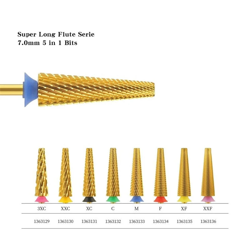 Super Long 24mm 5 in 1 Flat Top Nail Drill Bit Carbide Tapered Barrel Nail Bits Electric Drill Gel Polish Removal Nail Bit Tools