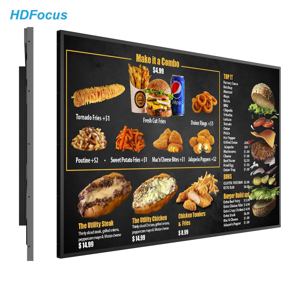 HDFocus 50 Inch Hanging Restaurant Digital Menu Display Sign Billboard Advertising Screen Digital Signage Menu Board