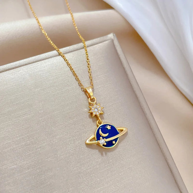 Titanium Steel Light Luxury Full Diamond Planet Galaxy Star Necklace Choker Chain for Women Girls Wedding Jewelry Gifts