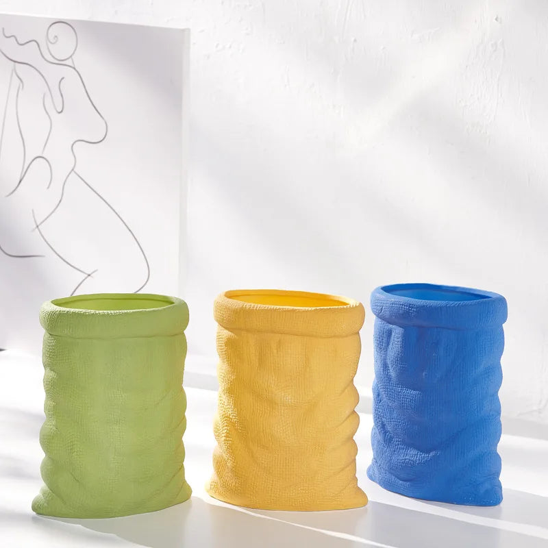 Modern Chinese-Style Creative Cloth Bag Vase Ceramic Porcelain Flower Arrangement for Home Desktop or Living Room Decor