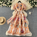Europe Wear Women's  Style V-neck Puffed Sleeve Printed Big Swing Dress