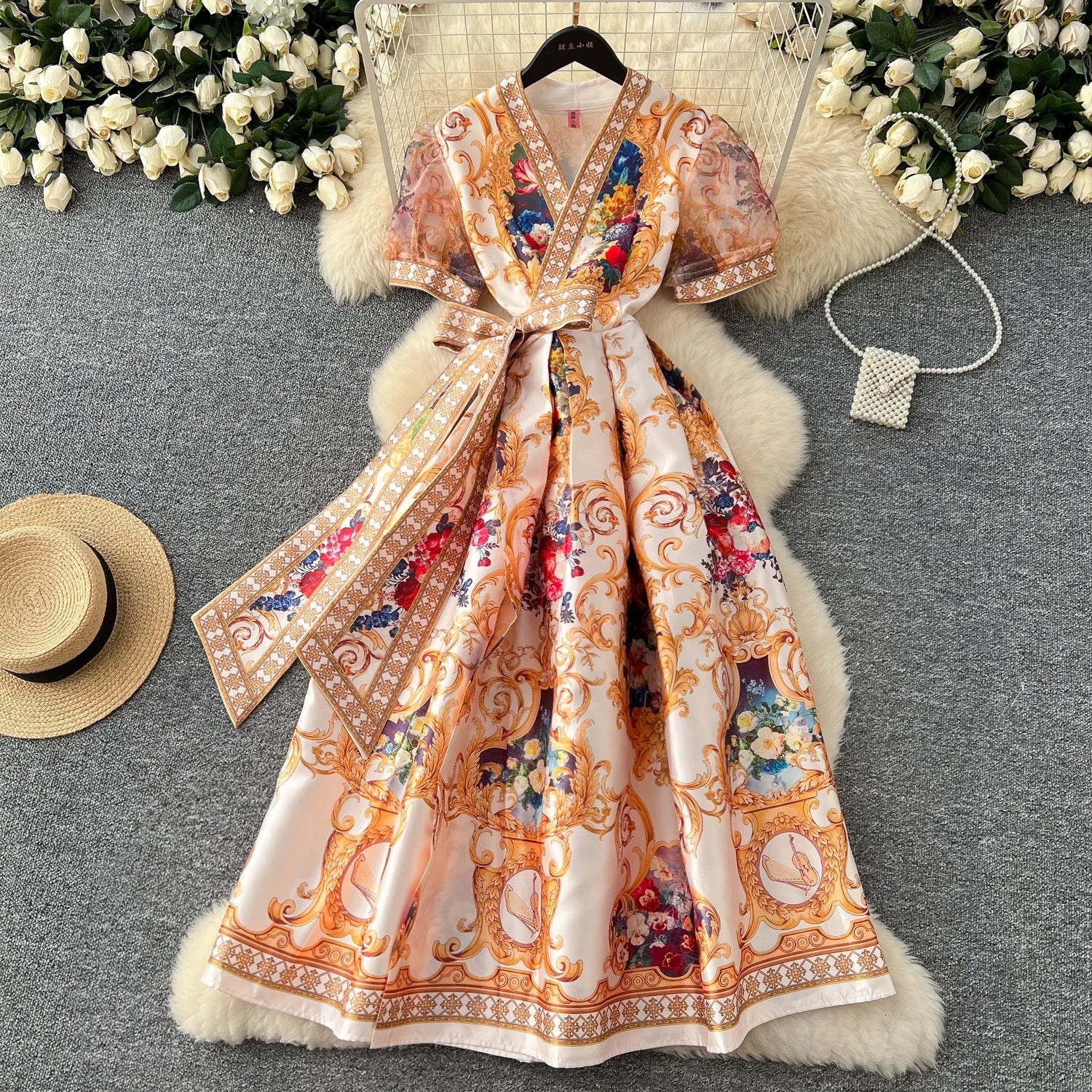Europe Wear Women's  Style V-neck Puffed Sleeve Printed Big Swing Dress