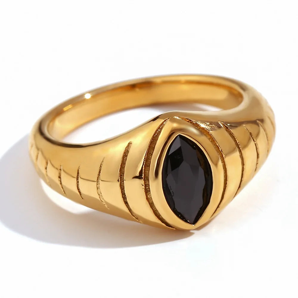 Vintage Hot Sale 18K Gold Black Marquise Zircon Texture Ring Chunky Irregular Eye Stone Finger Ring Hypoallergenic Jewelry