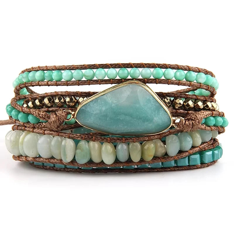 Fashion Bohemian Custom Jewelry Triangle Glass Natural Chip Gemstone African Turquoise Handmade 5 Strands Wrap Bead Bracelet