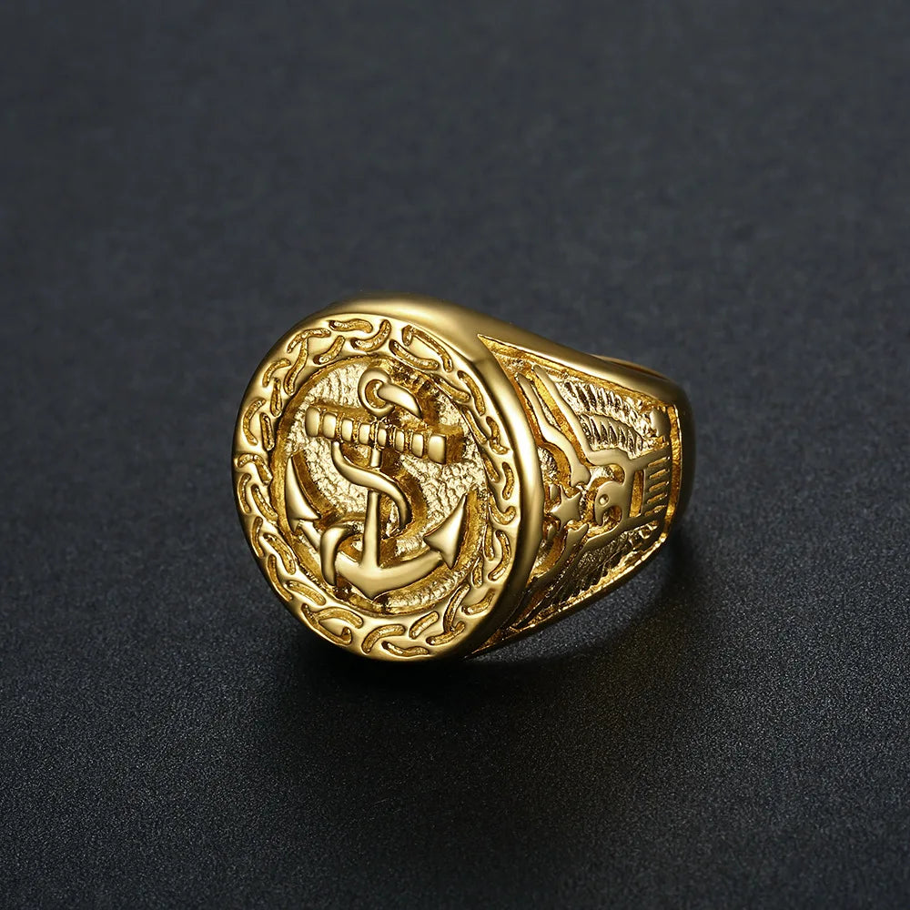 GT Anillos Titanium Steel Eagle Anchor Ring PVD Gold Plated Hip Hop Jewelry Statement Chunky Ring for Men