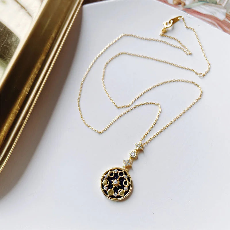 Natural Blue Sandstone Jewelry Dainty Luxury Pendant Necklace Moon Star Style Necklace 925 Sterling Silver Jewelry