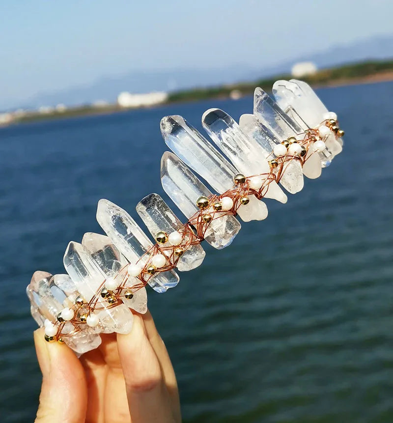 2026 Online Shop Handmade Pearl Beads Natural Transparent Crystal Crown Princess Hair Band