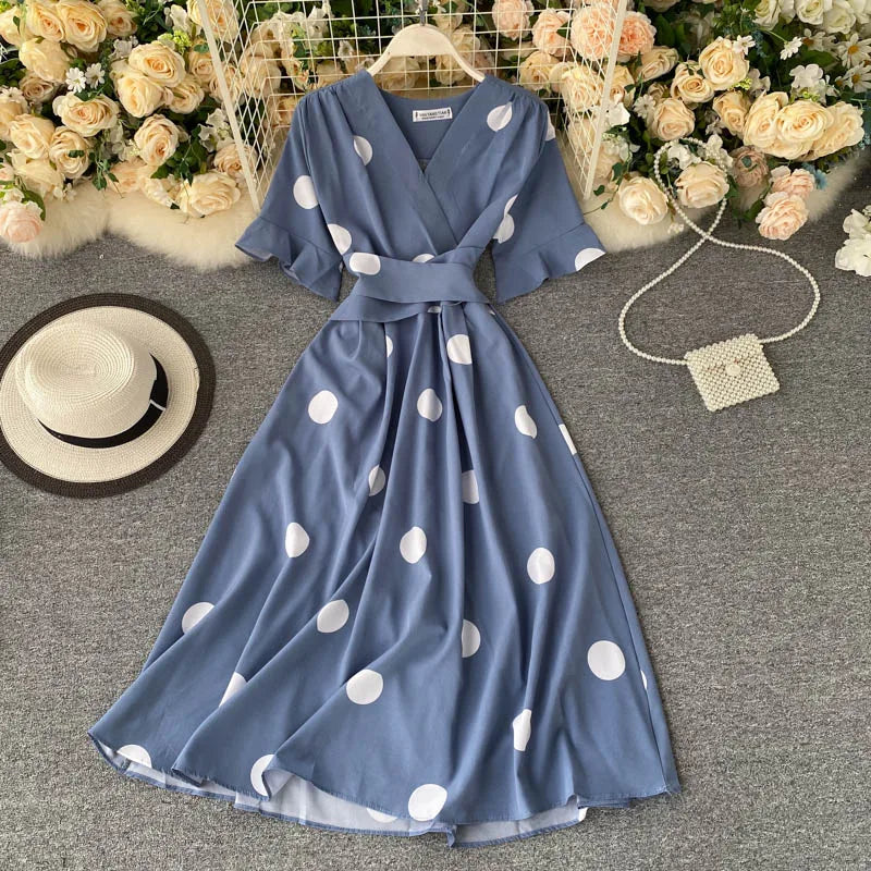 Short Sleeve V-neck A-Line Dress Summer Vintage High Waist Midi Dress Ladies Retro Dresses Clothes Women Wholesale