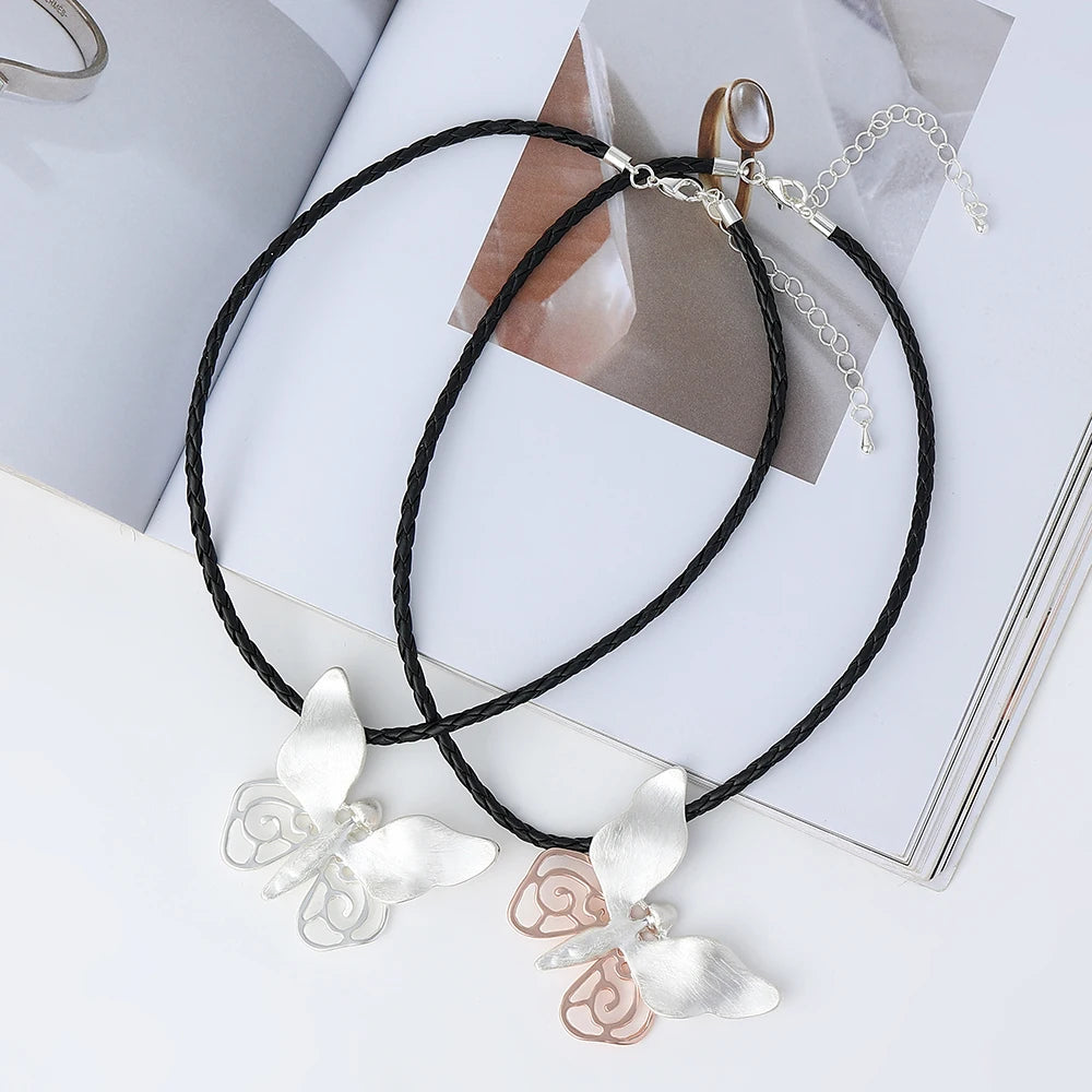 New Shiny Silver Scratched Texture Butterfly Decoration Black Leather Neck Choker  for Girl Party