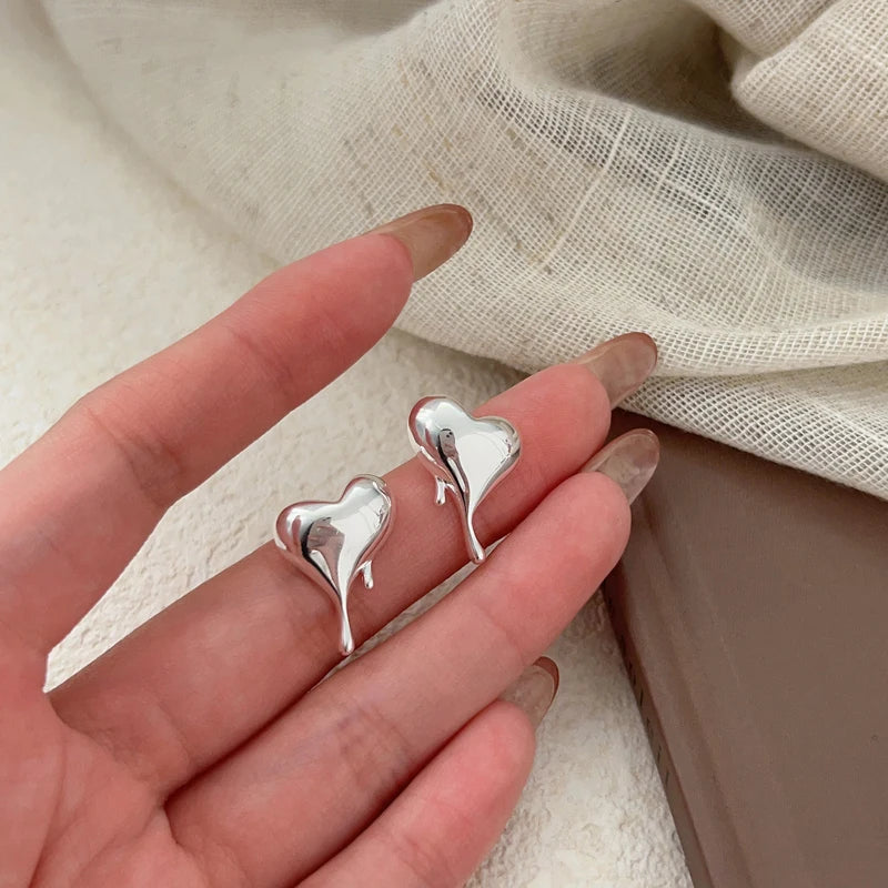 Unique Design 925 Sterling Silver Geometric Big Heart Shape Stud Earrings for Women Gifts Jewelry