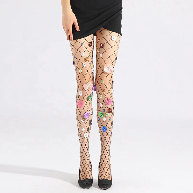 Wholesale Fashion Shiny Rhinestone Fishnet Pantyhose With Pearls Big Mesh Fish Net Tight Stockings for Women