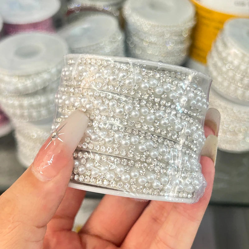 3mm Pearl Trim Rhinestone Applique Ribbon Roll Self Adhesive Pearl Strip for Dress Belt Decoration Clothing Accessories
