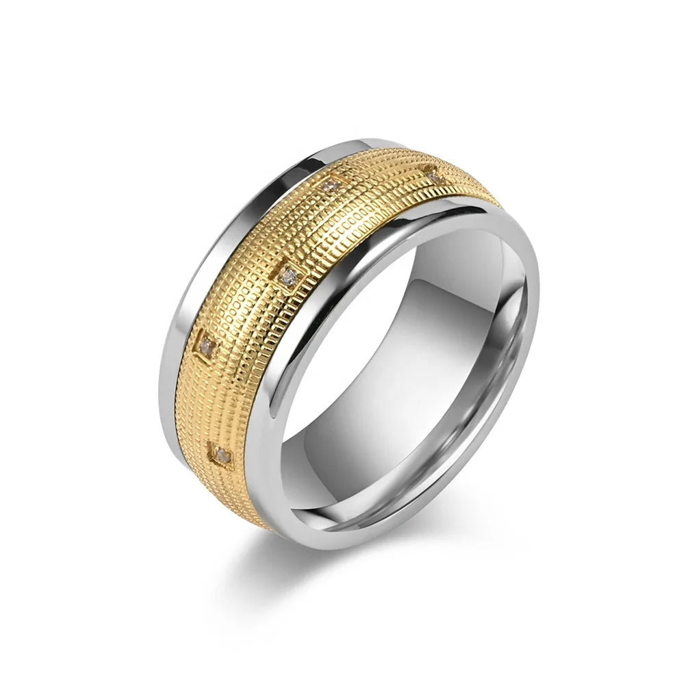 Alin Wide Stainless Steel Rng With Gold Plated and Zircons Setting for Men Size 9-12 Women Korean Jewelry