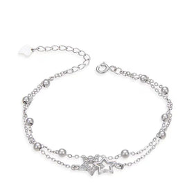 Rhinestone Sparkling Star Pendant Sterling Silver Link Chain Bangle Fashion Jewelry S925 Charm Bracelet for Women Lady Girls