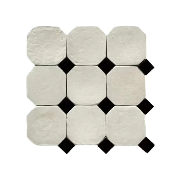 Carrara White Marble Mosaic Honed Finish Modern Octagon Pattern Mixed with Black Dots Interior Wall Floor Accents Tiles