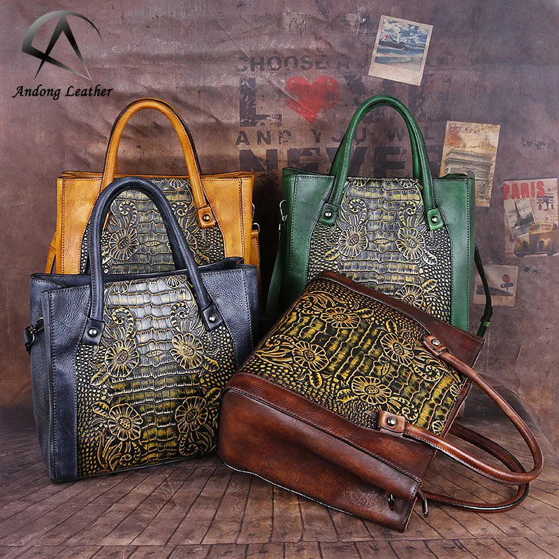 Andong Leather Genuine Cow Leather Top-Handle Bag for Women Retro Shoulder Bag Multifunction Ladies Girl Crossbody