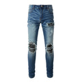 Men's Vintage Blue Slim Fit Scratched Destroyed Stacked Stretch Jeans Wholesale Black Patch Denim Trousers Hip Hop Street Winter