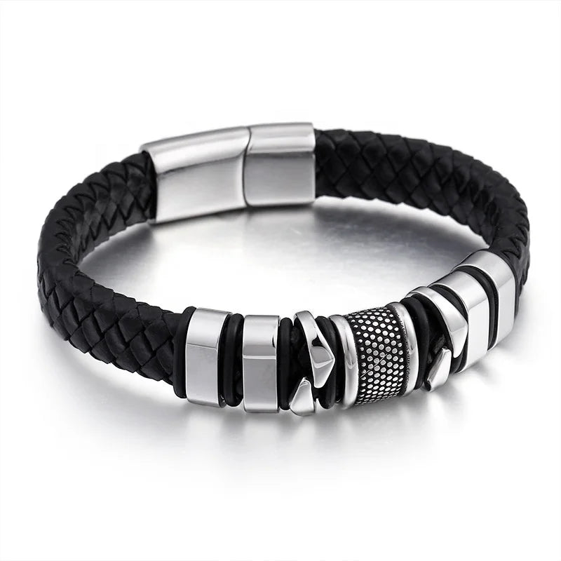 Wholesale Titanium Steel Men's Fashion Charm Bracelets Stainless Steel Leather Braided Bracelet