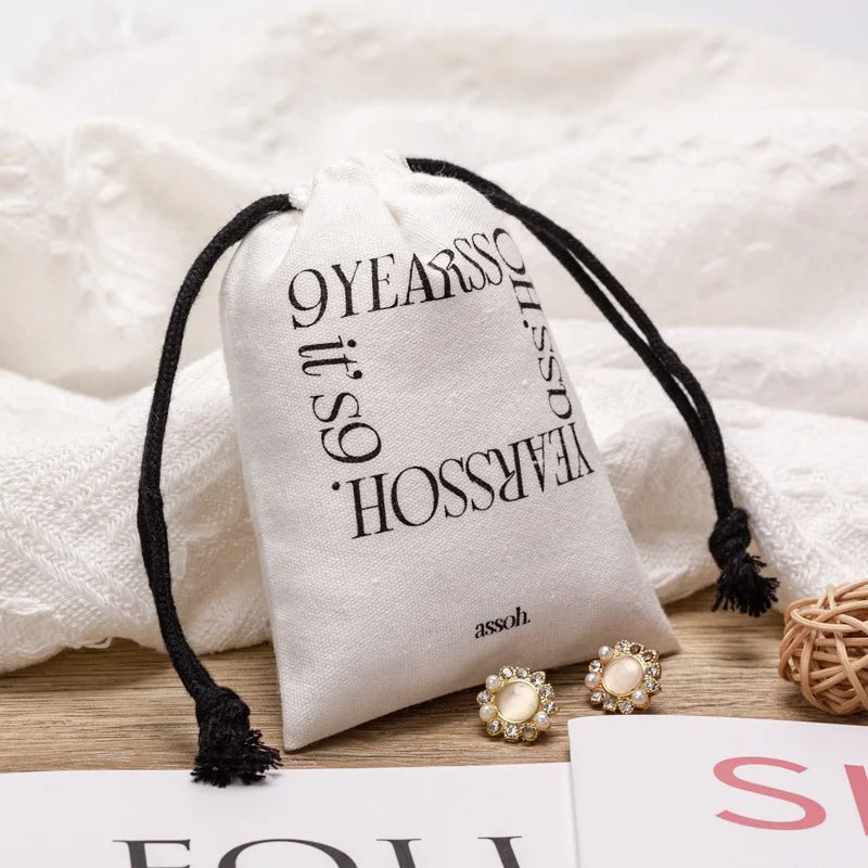 Luxury Soft Custom Jewelry Bag Organic Cotton Canvas Pouch Small Cotton Drawstring Bag Screen Printing Gift & Craft Recyclable