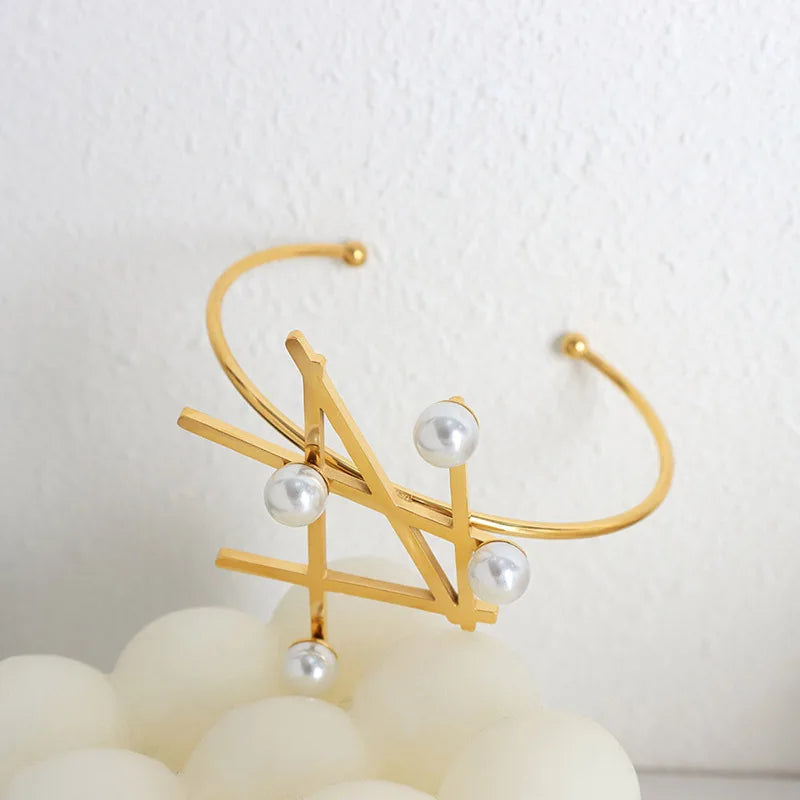 Fashion Irregular Pearl Rings Bracelet Set Gold Plated Stainless Steel Geometric Pearl Rings Bracelet Set Anillos De Oro