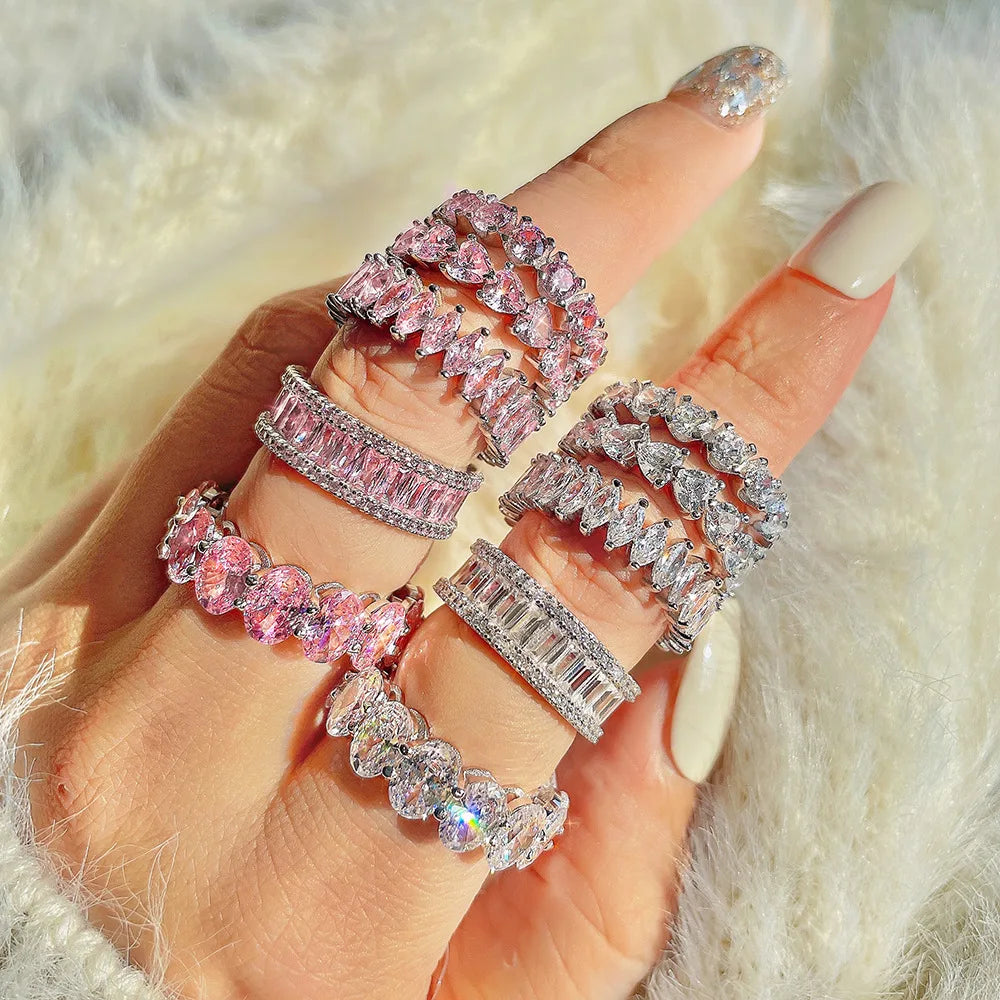 S925 Silver Ring Pink Square Diamond Love Heart Water Drop Zircon Full Rhinestone Iced Out Engagement 925 Sterling Silver Ring