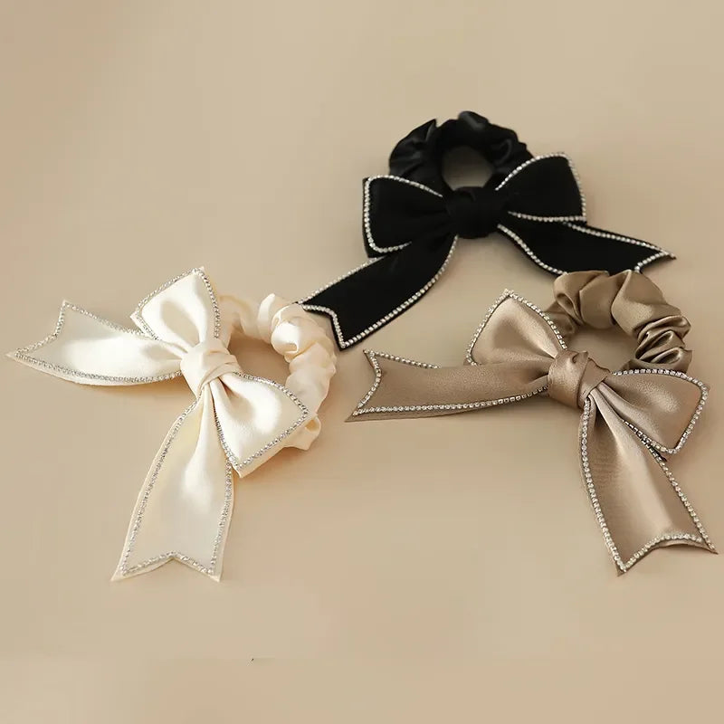 Hot Selling Trendy Large Intestine Hair Tie Bright Diamond Bow Hair Accessories for Women Made of Durable Cloth
