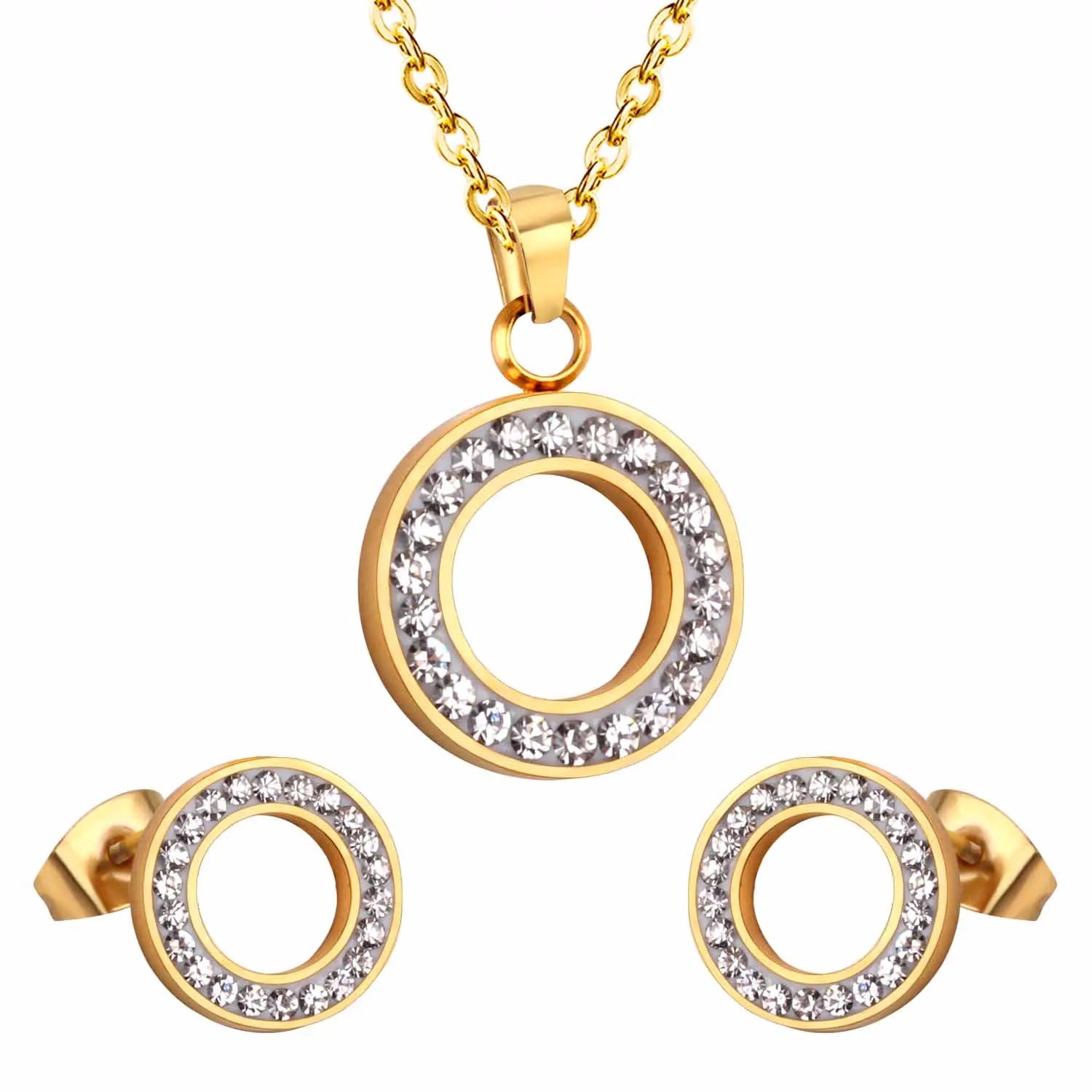 Precious Shiny Carving Circle Zircon Earrings Necklace Jewelry Set Fashion 18k Gold Plated Female Jewelry for Wedding Bride