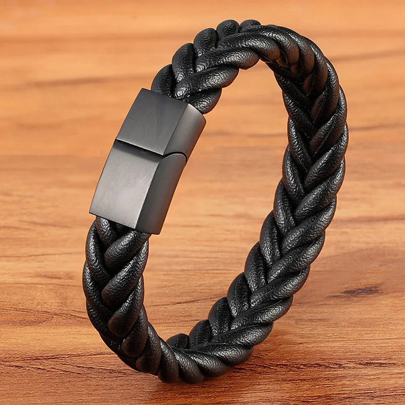 Classic Men's Hand-Knitted Genuine Leather Bracelet Simple Style Stainless Steel Magnetic Clasp Fashion Mens Leather Bracelet