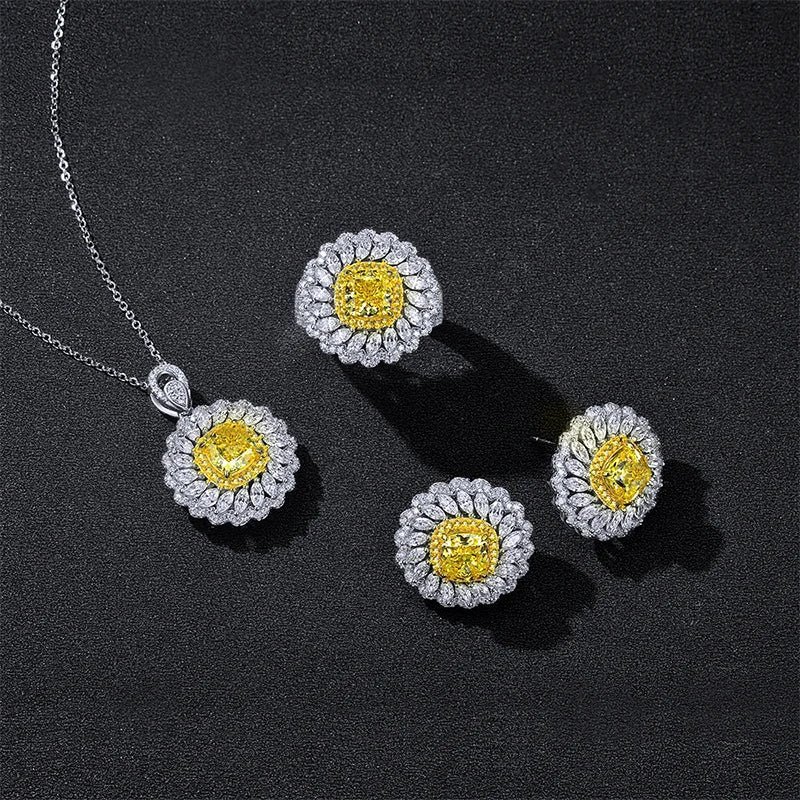 LustertGEM Jewelry Sets 925 Silver 3ct Yellow Moissnaite Flower Necklace Earrings Rings Jewelry Set Women's Accessories