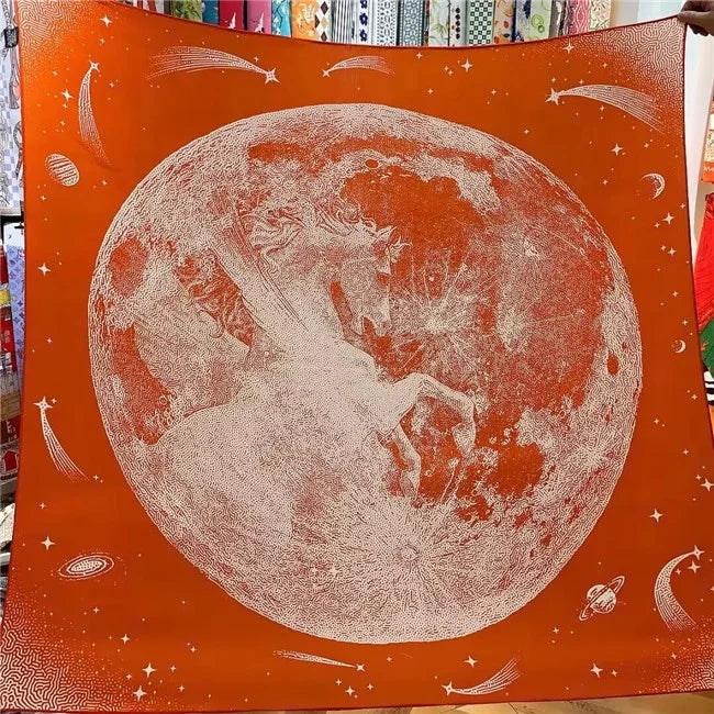 2023 New Hand Roll-Hemmed 130 cm Colorful Planet Architecture Printed Silk Cashmere square Scarf for Women