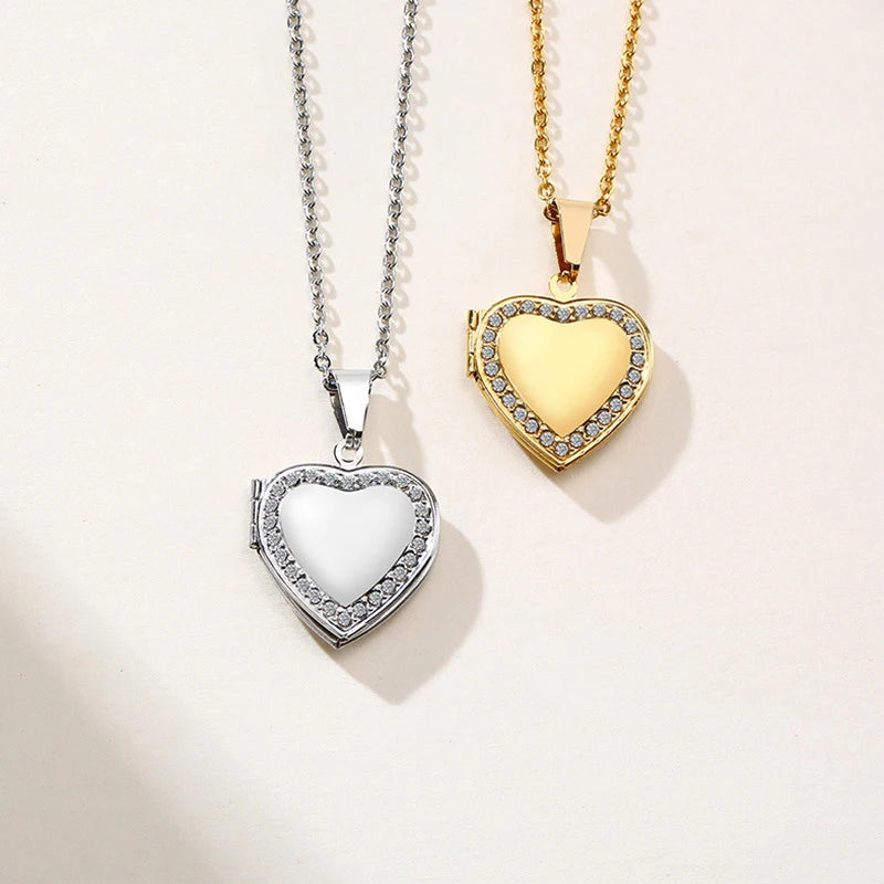 Personalized Open Picture Locket  Necklace Stainless Steel Inlaid Zircon Heart Shape Photo Locket Necklace for Men Women