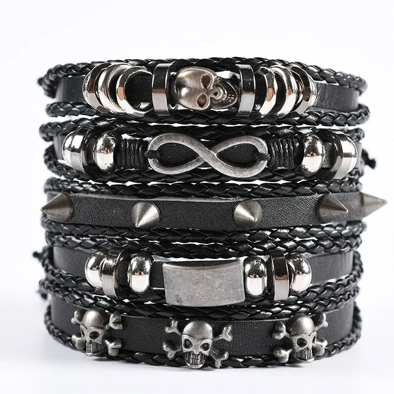 Fashion Men Skull 8 Words Alloy Accessories Five Piece Set Leather Rivet Hip Hop Bracelet for Boy