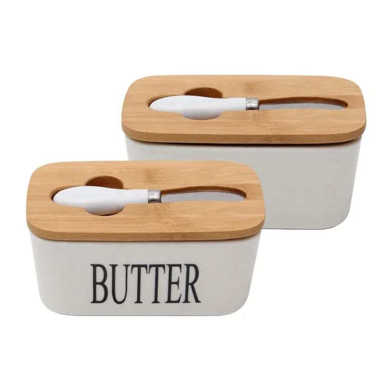 Ceramic Kitchen Storage Porcelain Butter Dish Knife with Lid