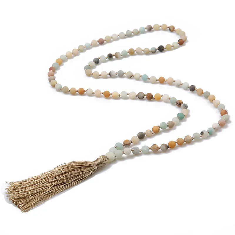 Hot Selling 108Pcs Amazanite Stone Necklace Handmade Knot Tassel Necklace Gemstone Rosary Necklace