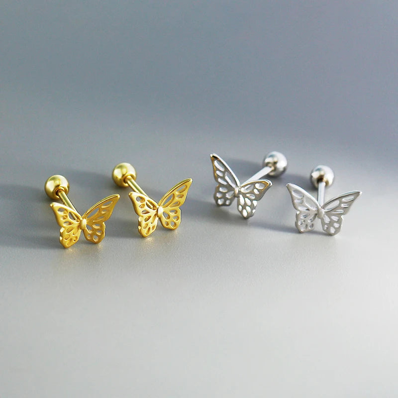 Fashion Romantic Butterfly Screw Bead Gilded Stud Earring for Women Simple Piercing 925 Sterling Silver Fine Jewelry Accessories