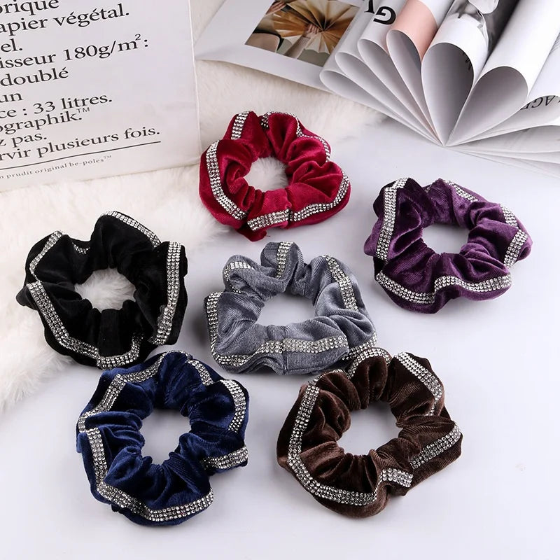Comfortable Luxury Bling Crystal Velvet Hair Scrunchies Hair Band Sparkling Diamond Rhinestone Fuzzy Scrunchie