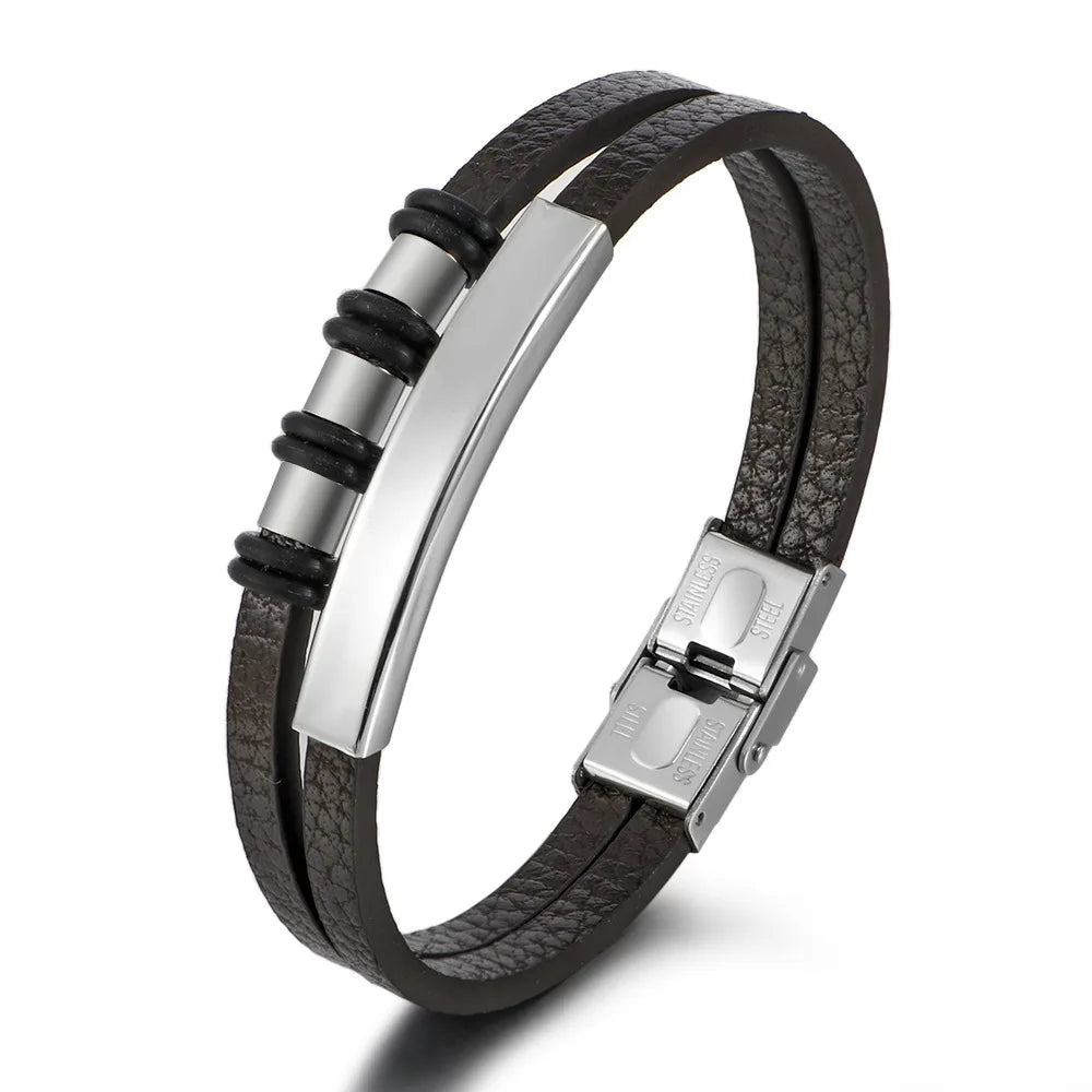 Men's New Fashion Handmade Leather Bracelet Geometric Multilayer Braided Design Stainless Steel Clasp Agate Main Stone Jewelry