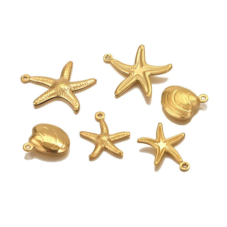 S1228 Waterproof Non Tarnish Jewelry Supplies Small Little 18K Gold Plated Stainless Steel Starfish Sea Shell Charm Pendants