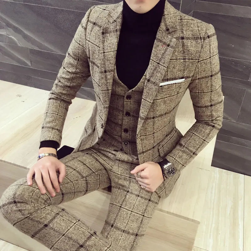 M-5XL Casual Men's Suit Suit Three-piece Korean Version Slim British Casual Trendy Groom Wedding Dress Plaid Small Suit Men