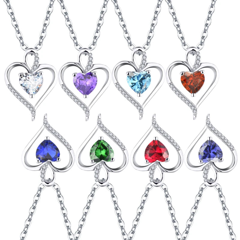 YILUN Personalized 925 Sterling Silver Heart Birthstone Pendant Necklaces Classic Wome Fine Jewelry Pendant for Birthday Gift