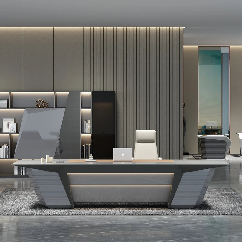 2022 Luxury I Shaped Gold White High End Modern LED Smart Manager Executive Director President CEO Office Desk