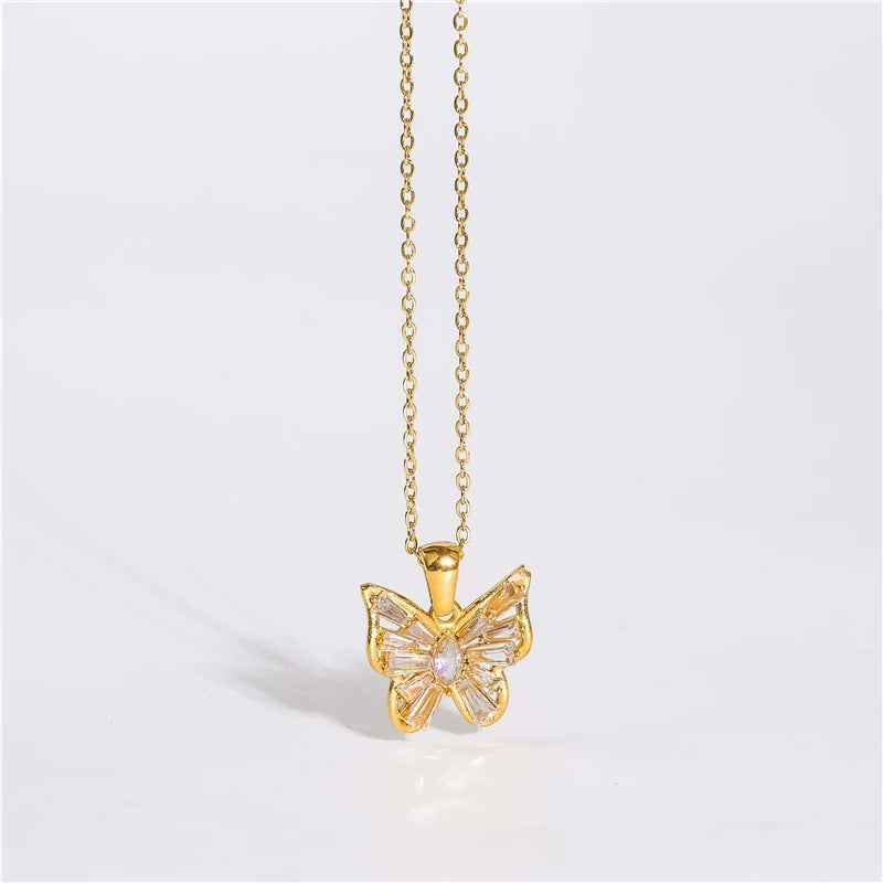 Joolim Jewelry Clear Pink CZ Butterfly Pendant 18K Gold Plated Stainless Steel Tarnish-Free Necklace Fashionable Gift Jewelry