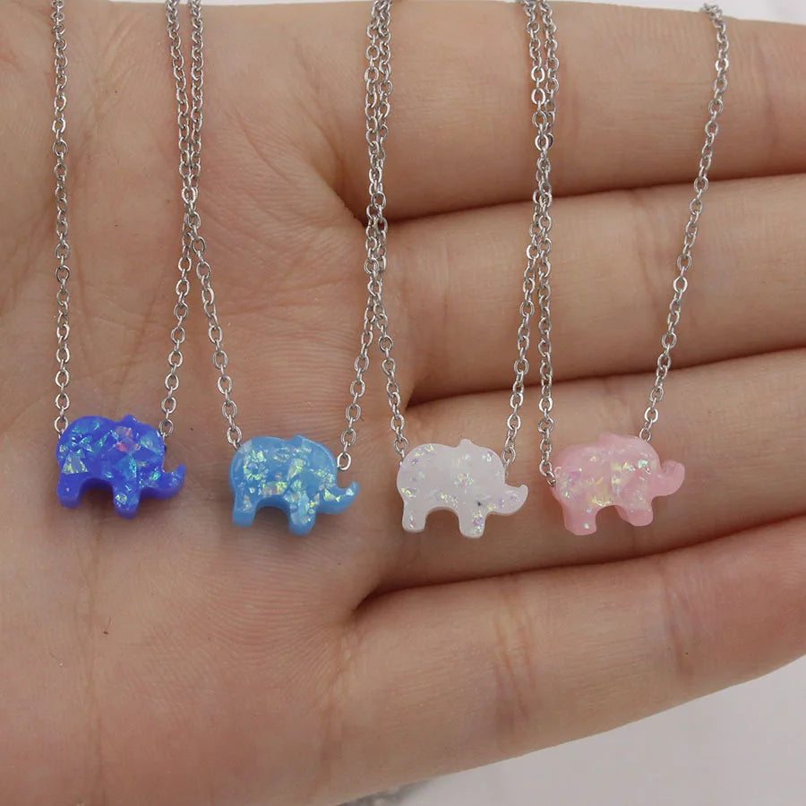 Wholesale Mix Color Stainless Steel Cute Opal Elephant Pendant Necklace for Girl Good Luck Necklace