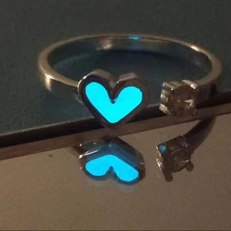 Glow in Dark Ring Luminous Blue Light Love Heart Ring Couples Silver Color Jewelry Adjustable Size Night Rings