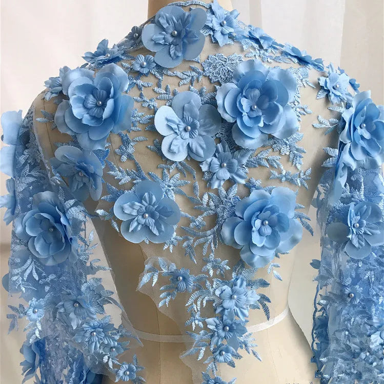 Blue Luxury 3D Beaded Mesh Lace Flower Patch Wedding Dress Accessories Applique for Bags Shoes Embroidered Elegant 100%