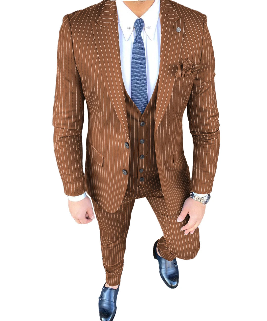 Classic Stripe Design Men's Regular Fit 3 Pieces Breasted Peaked Lapel Pinstripe Formal Tuxedo Business Suit for Wedding Groom