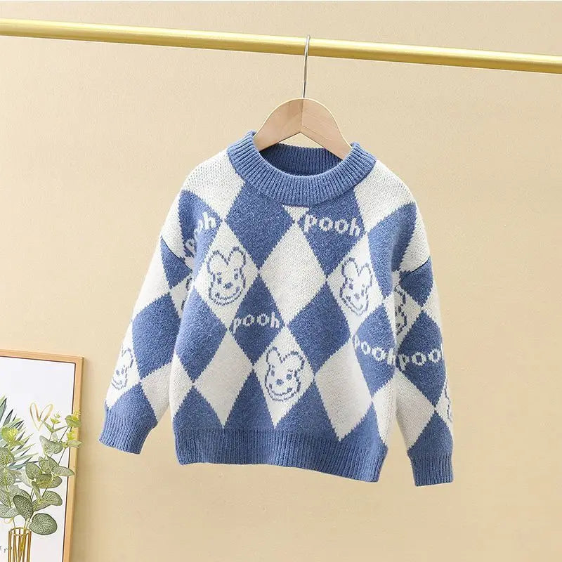 Factory Wholesale Boy's and Girl's Winter Thick Sweater Argyle Beer Pattern Bottom Coat O-neck Fashion Knitted Sweaters for Kid