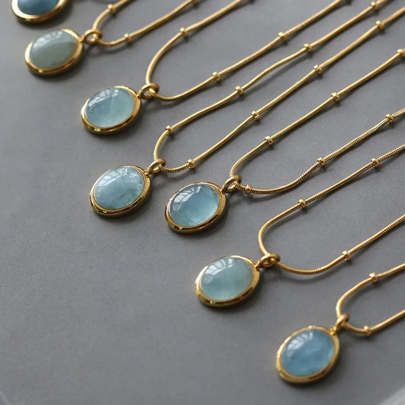 Fashion Jewelry 316L Stainless Steel Chain Semi-Precious Stone Aquamarine Stone Pendant Choker Necklace for Women