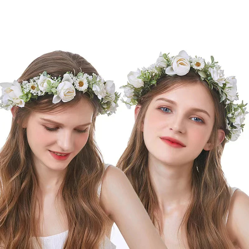 Bohemian Newlywed White Corolla Hair Accessories Full Star Green Water Grass Garland Headband with Floral Design